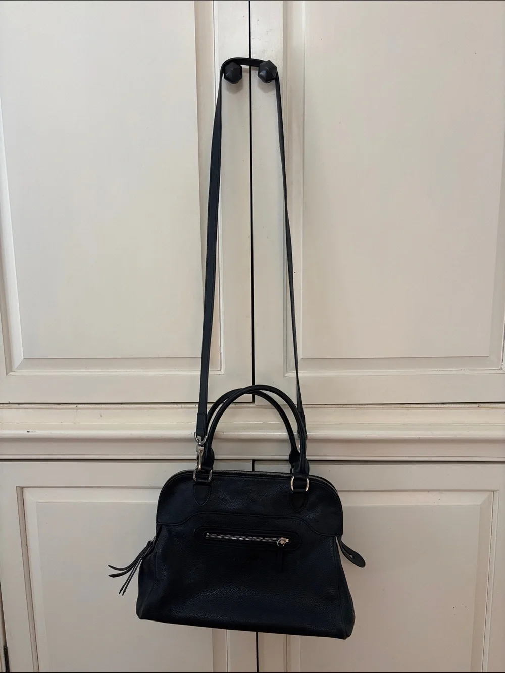 Longchamp Classic Black Pebbled Leather Satchel Handbag Shoulder Bag